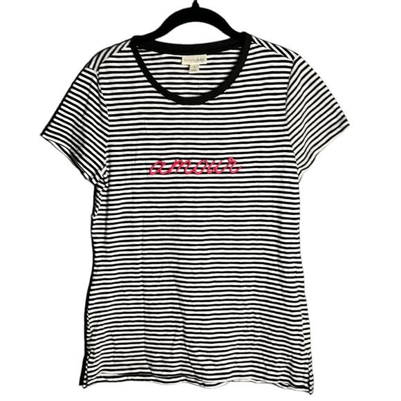 Maison Jules Black and White Striped Short Sleeve Top With Amour Size Medium - Picture 1 of 10